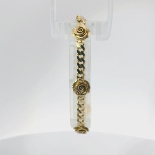14KT Gold Bracelet Women's Five Charm Rose with Cuban Link Band and Plain White CZ Stones Box Clasp