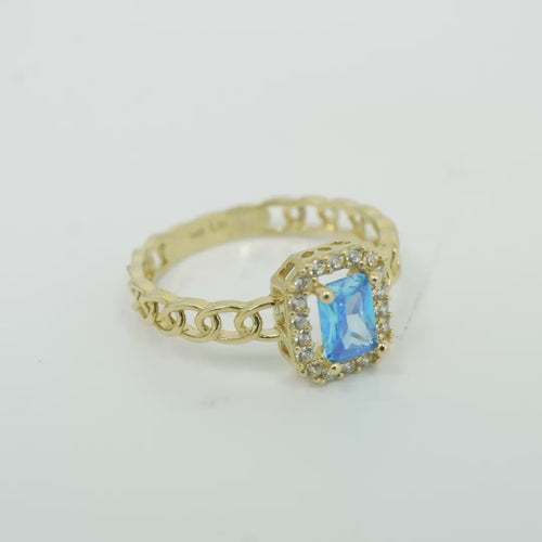14KT Gold Ring Women's Rectangle Turquoise Center with White CZ Stone Border Chino Link Band