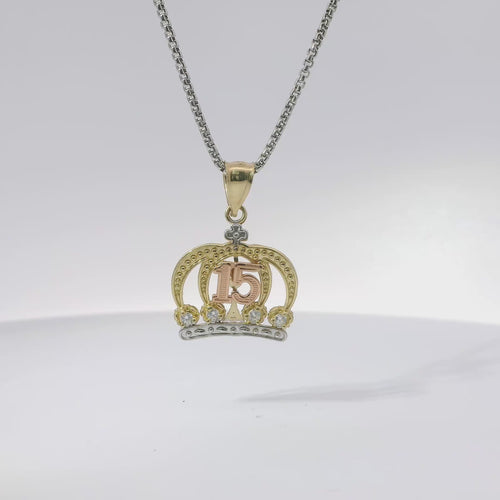 14KT Gold Charm Medium Tri Tone "15" Quinceanera Crown with Four White CZ Stones Base and Plain Bell