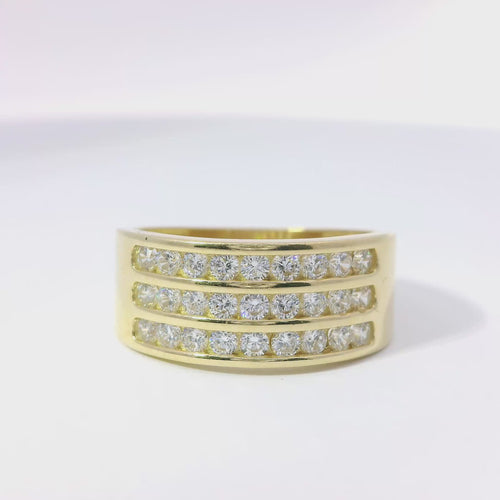 14KT Gold Ring Women's Three Row Channel Set White CZ Stone Band