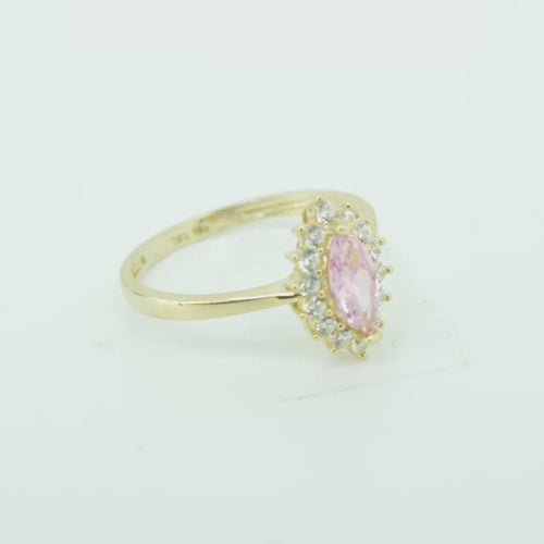 14KT Gold Ring Women's Flower Pink Marquise Center CZ Stone with White CZ Stone Petal Borders and Plain Band
