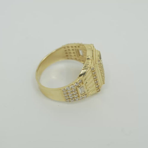 14KT Gold Ring Men's Raised Rectangle Vertical Flag Shape with White CZ Stone Rows and One Larger Round White CZ Stone Plain Triangle Shape Border as in Star position Side Design White CZ Stone Rows with Baguette/Plain Border