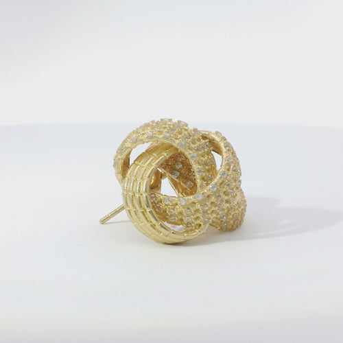 14KT Gold Earrings Medium White CZ Stones Braided Cords Knot with Push Back Post and Butterfly Backs
