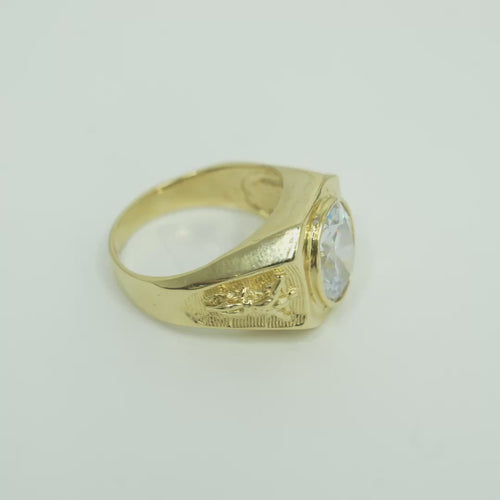14KT Gold Ring Men's Hexagon Head with Oval White CZ Center Stone Jesus on the Cross on Band
