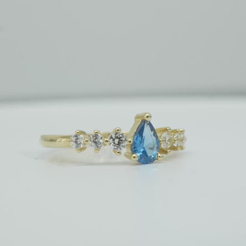 14KT Gold Ring Women's Turquoise Pear CZ Center 3 Round White CZ Stones Shoulders Plain Band