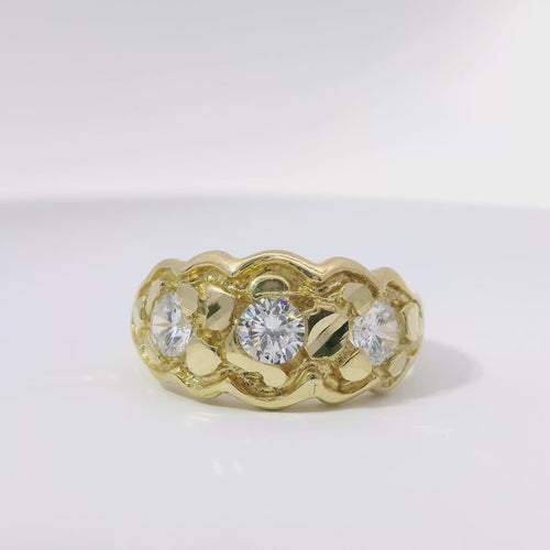 14KT Gold Ring Unisex Three White CZ Center Stones Scallop Edge Nugget Band