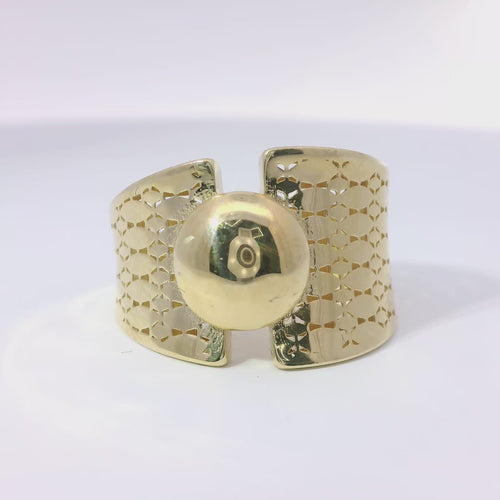 14KT Gold Ring Women's Single Bubble Dot Center with Asymmetrical Top Split Band and Triangle Lattice Cutouts on Band