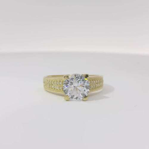 14KT Gold Ring Women's 4 Prong White Round Cushion Cut with 'V' Shape Double Row Band CZ Stones