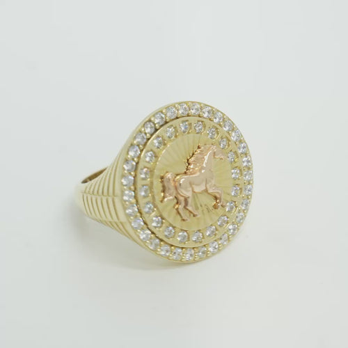 14KT Gold Ring Men's Round Two Tone Running Horse with Double White CZ Stones Border Seven Grooved Lines on Band