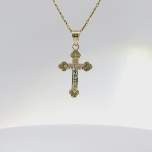 14KT Gold Charm Baby Two Tone Fan End Crucifix Cross with Plain Bell