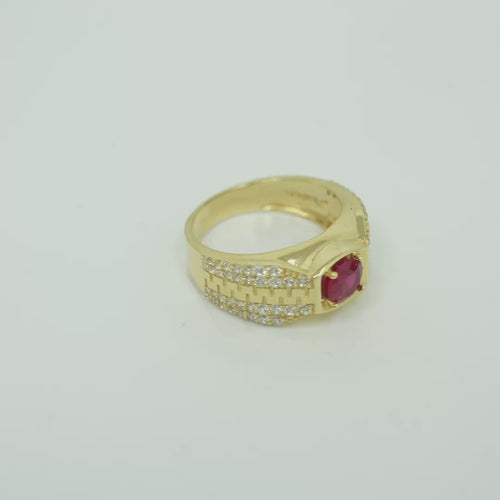 14KT Gold Ring Men's Square Red CZ Round Center Stone Plain Platform Border Side Design Double Row White CZ Stones with Zig Zag Zipper Print