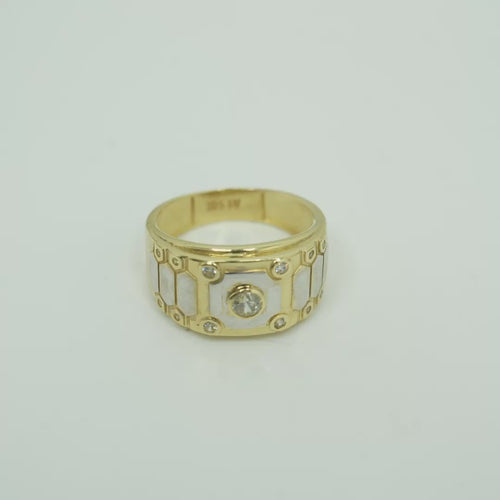 14K Gold Ring Men's Two Tone Band White CZ Stones Center/Border Horizontal Three Hexagon Band Print
