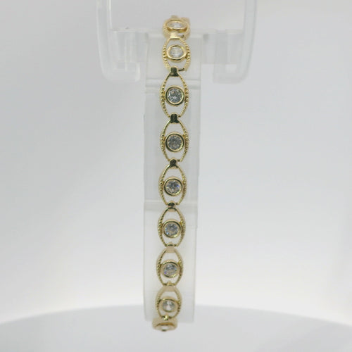 14KT Gold Bracelet Women's White CZ Stones Evil Eye Tennis with Beaded Border and Lobster Clasp