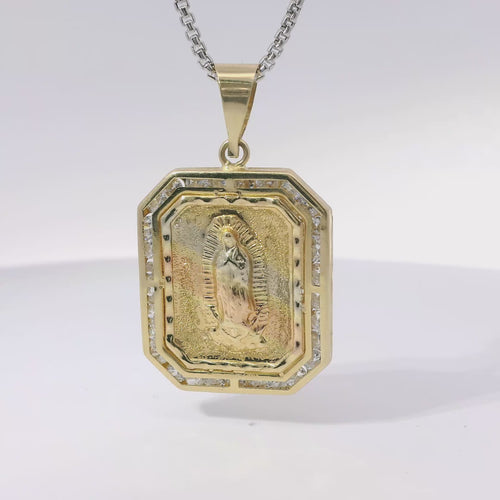 14KT Gold Charm Large Octagon Rectangle Tri Tone Virgin Mary Center with White CZ Stones Border and Plain Bell
