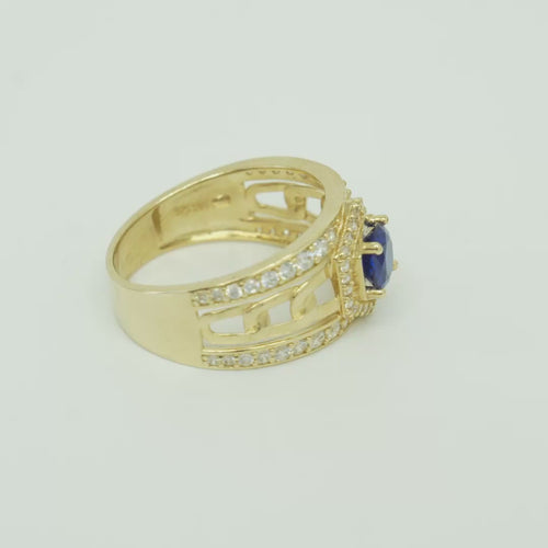 14KT Gold Ring Men's Round Blue CZ Stone Hexagon White CZ Stones Border with Side Design White CZ Stones/ Cuban Link Design