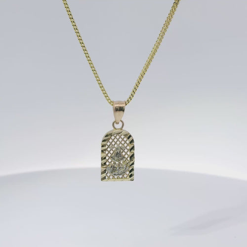 14KT Gold Charm Extra Small Two Tone Caridad Cobre Diamond Cut Lattice Square Archway and Plain Bell