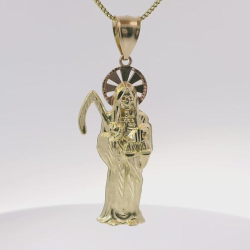 14KT Gold Charm Large Two Tone St Muerte Grim Reaper with Plain Bell