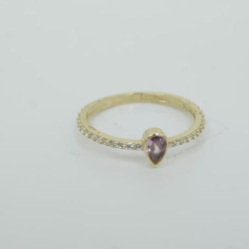 14KT Gold Ring Women's Pink Pear Tear Drop Center CZ Stone with Round White CZ Stones Band