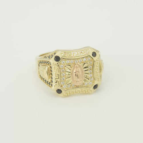 14KT Gold Ring Men's Two Tone Square Greek Border Raised Virgin Mary with Sunray Background White CZ Stone Border and Corner Design Black CZ Stone Band Design Black CZ Stones Border Raised Arrow