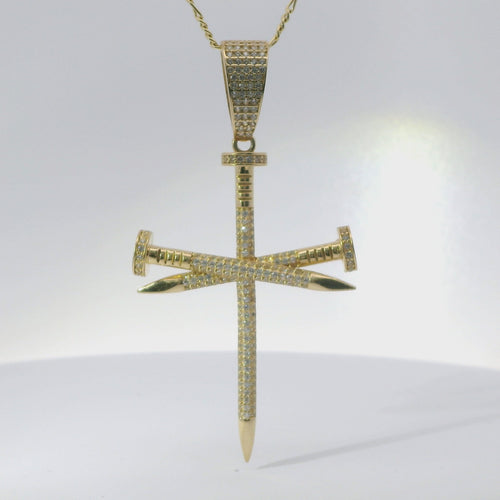 14KT Gold Charm 2XL Triple White CZ Stones Nail Cross with White CZ Stones Bell