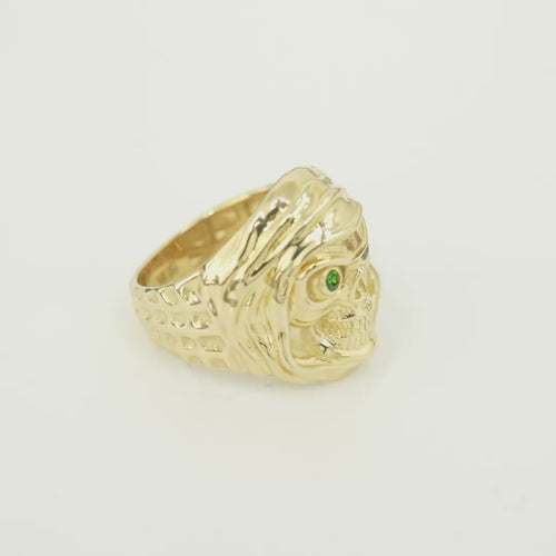 14KT Gold Ring Men's Grim Reaper with Green CZ Stones Eyes