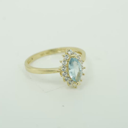 14KT Gold Ring Women's Flower Light Blue Marquise Center CZ Stone with White CZ Stone Petal Borders and Plain Band