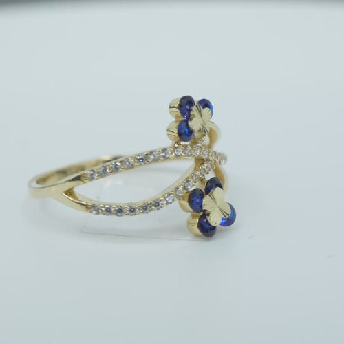 14KT Gold Ring Women's Navy Blue Round 4 Petal Flower White CZ Stones Split Band