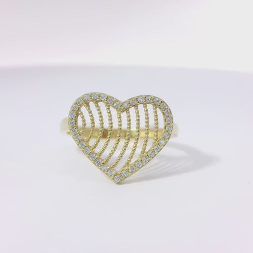 14KT Gold Ring Women's Open Curved Stripe Heart with White CZ Stones Border and Plain Band