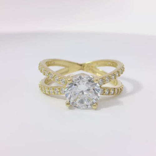 14KT Gold Ring Women's White Round CZ Stone Center with White CZ Stones Split Criss Crossed Band