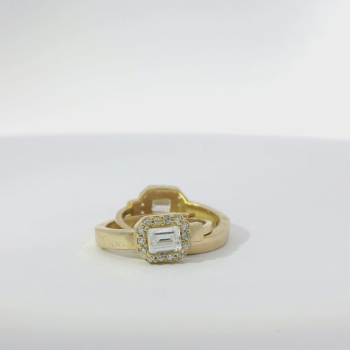 14KT Gold Earring Medium White CZ Stones Rectangle Center Huggie