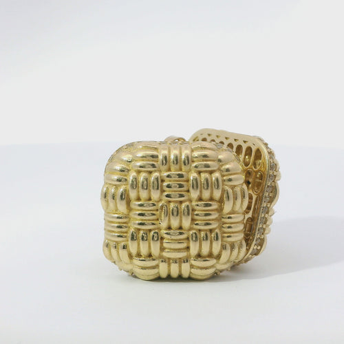14KT Gold Earrings Large Puff Basket Weave Square with White CZ Stones Edge, Push Back Post, and Butterfly Backs