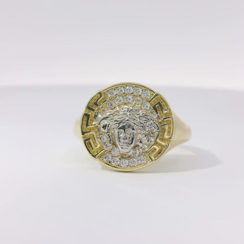 14KT Gold Ring Women's Two Tone Round Medusa Head Center with White CZ Stones Background and Greek Border on Each Side Plain Band