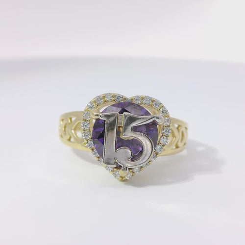 14KT Gold Ring Women's "15" Quincenaera Heart Round Purple Center CZ Stone with White CZ Stones Border and with Three Plain Stacked Cutout Hearts on Band