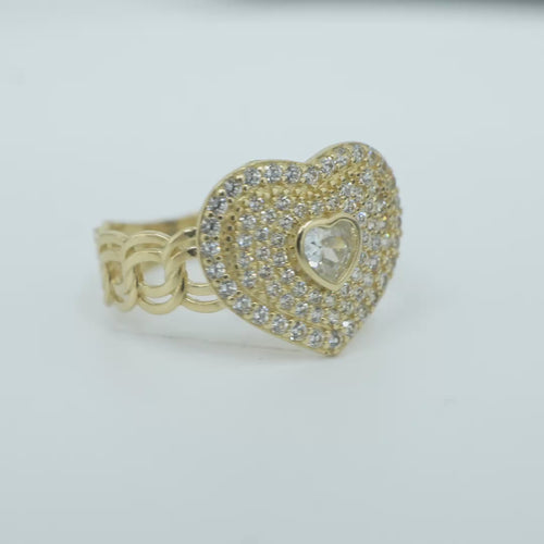 14KT Gold Ring Women's Heart Shape White Center CZ Stone with White CZ Stone Background and Border Chino Link Band