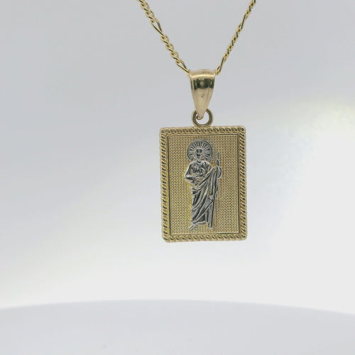 14KT Gold Charm Small Two Tone Square St Jude Coin with Beaded Border and Plain Bell