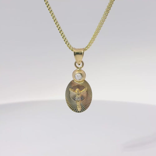 14KT Gold Charm Extra Small Tri Tone Oval Crucifix Graphic Coin with White CZ Stone Top and Plain Bell