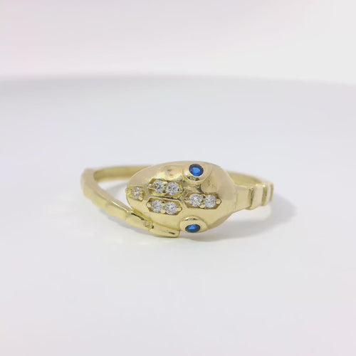 14KT Gold Ring Women's Snake Band with Navy Blue CZ Stone Eyes and White CZ Stones on Top of Nose and Plain Snake Tail Band