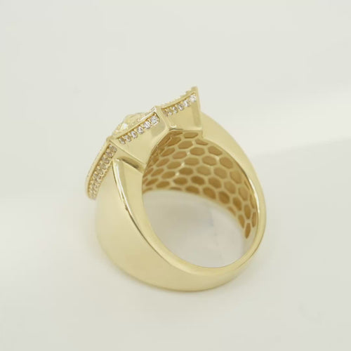 14KT Gold Ring Men's Shield Shape Jesus Portrait with White CZ Stones Border and Plain Border