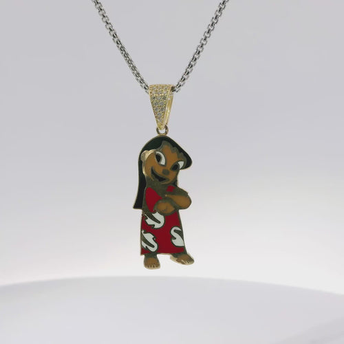 14KT Gold Charm Medium Enamel Lilo with White CZ Stones Bell