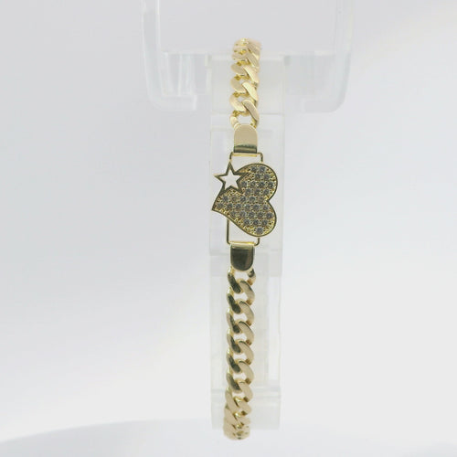 14KT Gold Bracelet Women's Single Charm White CZ Stones Heart with Star Cutout and White CZ Stone End Cuban Link Lobster Clasp Band