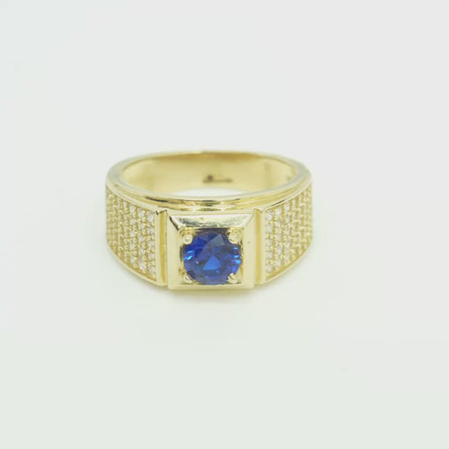 14KT Gold Ring Men's Square Blue Round CZ Center Stone Square Plain Border with White CZ Stones Side Design Eight Rows of Five White CZ Round Stones