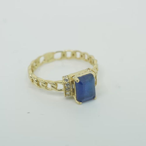 14KT Gold Ring Women's Rectangle Navy Blue Four Prong Center Stone with White CZ Stone Shoulder Straps and Chino Band