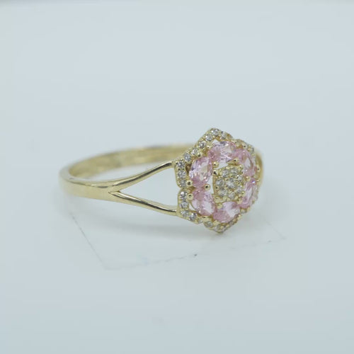 14KT Gold Ring Women's Flower Mini 6 Light Pink Oval Petals with Round White CZ Stones Center and White CZ Stone Leaf Outline Border and Plain Split Band