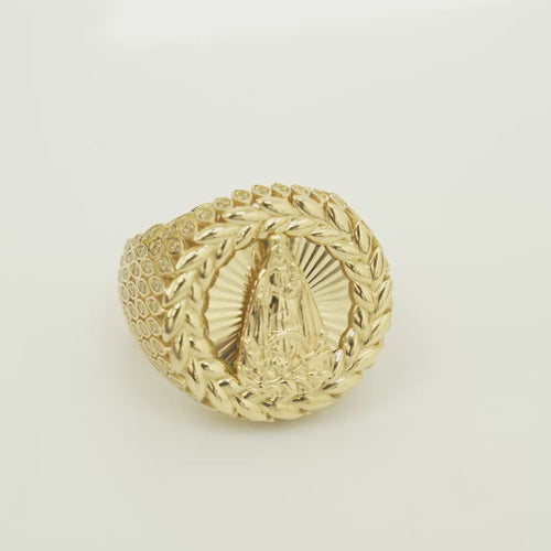 14KT Gold Ring Men's Round Caridad Cobre Wreath Border White CZ Stones Leaf Pattern on Shank (Two White CZ Stones in each Leaf)