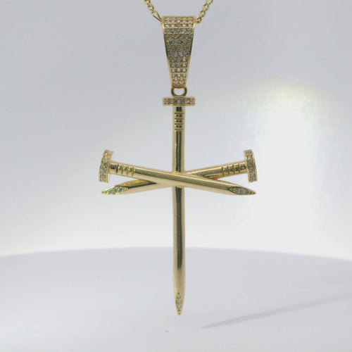 14KT Gold Charm 2XL Triple Nail Cross with White CZ Stones Nail Heads and Bell