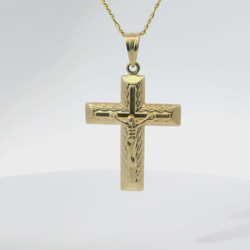 14KT Gold Charm Medium Plain Center Crucifix Cross with Mock Woodgrain Print and Plain Bell