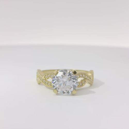 14KT Gold Ring Women's 4 Prong Round Cushion Cut White CZ Stone Solitaire with White CZ Infinity Loop Band
