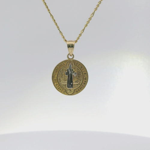 14KT Gold Charm Extra Small Round Two Tone St Benedict Coin with Plain Bell