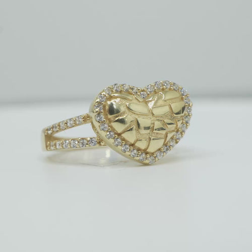 14KT Gold Ring Women's Nugget Puff Heart Center with White CZ Stones on Border and Split Band