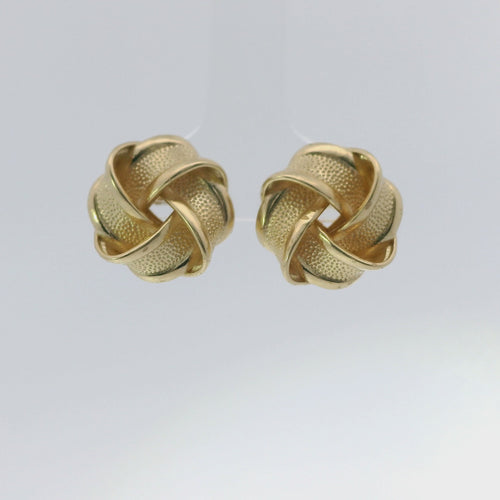 14KT Gold Earrings Medium Flat Four Ribbon Strand Plain Edge Sandblast Knot with Plain Borders, Push Back Post, and Butterfly Backs